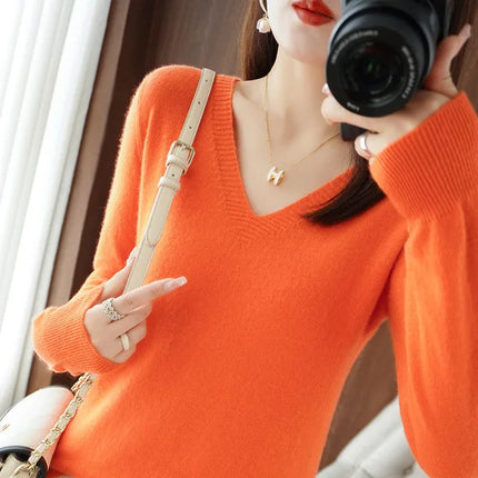 Women V Neck Knit Sweater Slim Fit Soft Knitwear Winter by zapcart