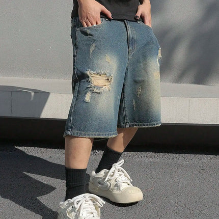LVCCCI Denim Shorts For Men Baggy Stretch Ripped Knee by zapcart