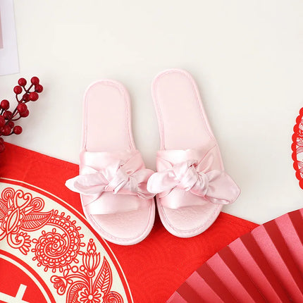 Wedding Slippers For Couples Satin Bow Flat Shoes Gift by zapcart