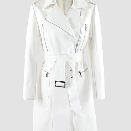 Nerazzurri White PU Leather Zipper Biker Jacket Women Belt by zapcart