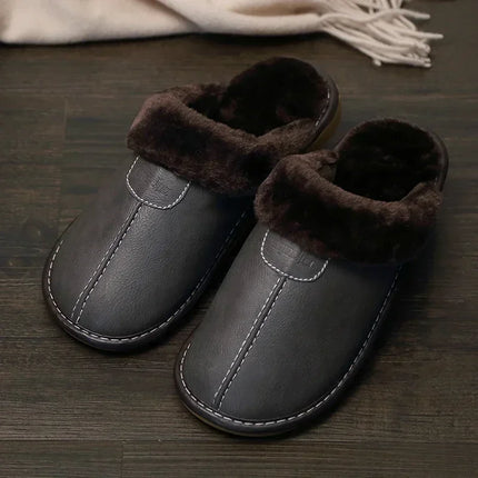 FONGIMICCN Men Winter Leather Slippers Velvet Waterproof by zapcart