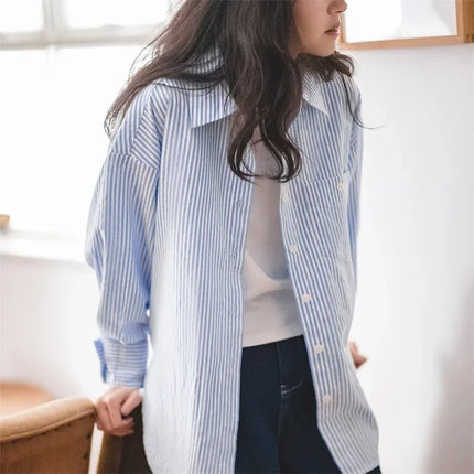 Maden Women's Plus Size Oversized Blue White Striped Blouse by zapcart