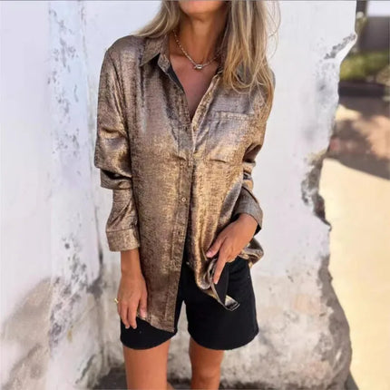Shinny Golden Long Sleeve Blouse For Women Vintage Loose by zapcart