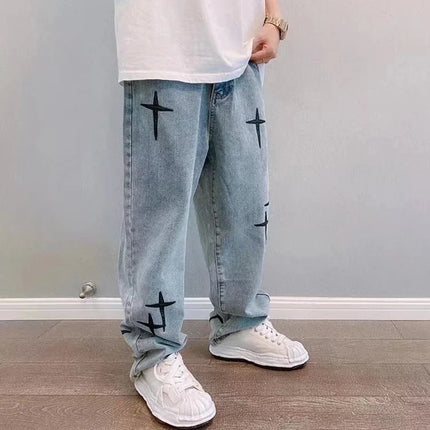 Hengscarying Mens Loose Wide Leg Denim Cargo Jeans Star by zapcart