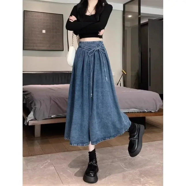 High Waisted Denim A Line Skirt Elastic Waist For Women by zapcart