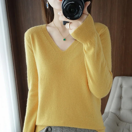 Women V Neck Knit Sweater Slim Fit Soft Knitwear Winter by zapcart