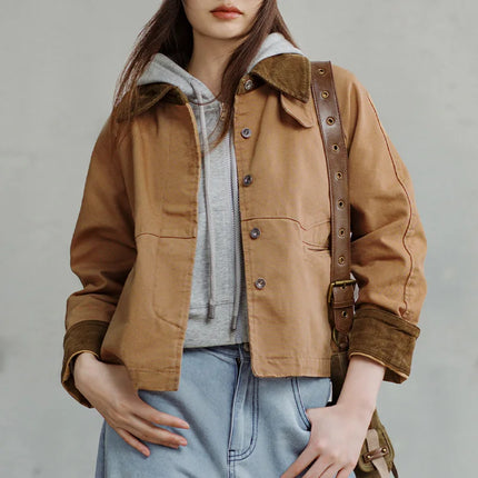 Maden Retro Khaki Corduroy Collar Jacket For Women Warmth by zapcart