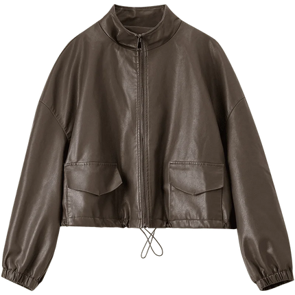 SENTUBILA Leather Jacket Women Vintage PU Stand Collar Chic by zapcart