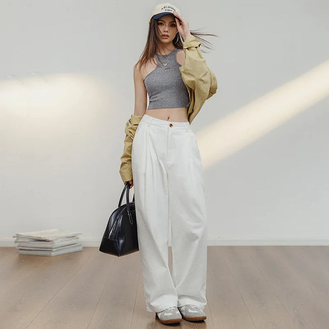 Maden White Cotton Casual Pants Women Loose Cargo Wide Leg by zapcart