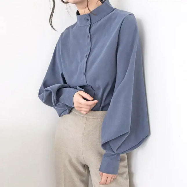 FSMG Women Vintage Shirt Stand Collar Lantern Sleeves Black by zapcart