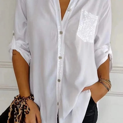 Women V-Neck Sequin Blouse Long Sleeve Chic Office Casual by zapcart