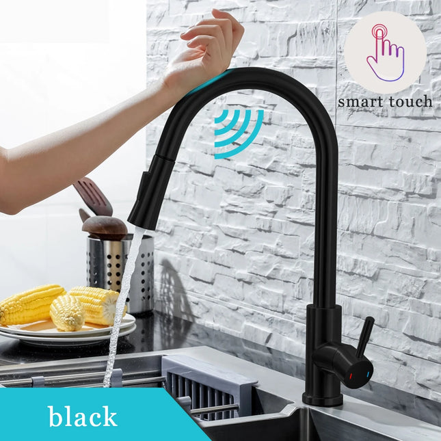 DQOK Kitchen Faucet Pull Out Brushed Nickle Sensor Stainless Steel Black Smart Induction Mixed Tap Touch Control Sink Tap by zapcart