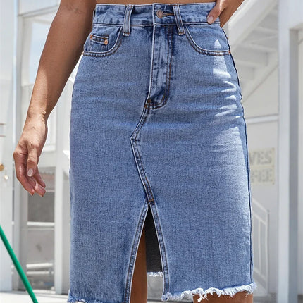 Blue Denim Midi Skirt Front Slit High Waist Pockets Women by zapcart