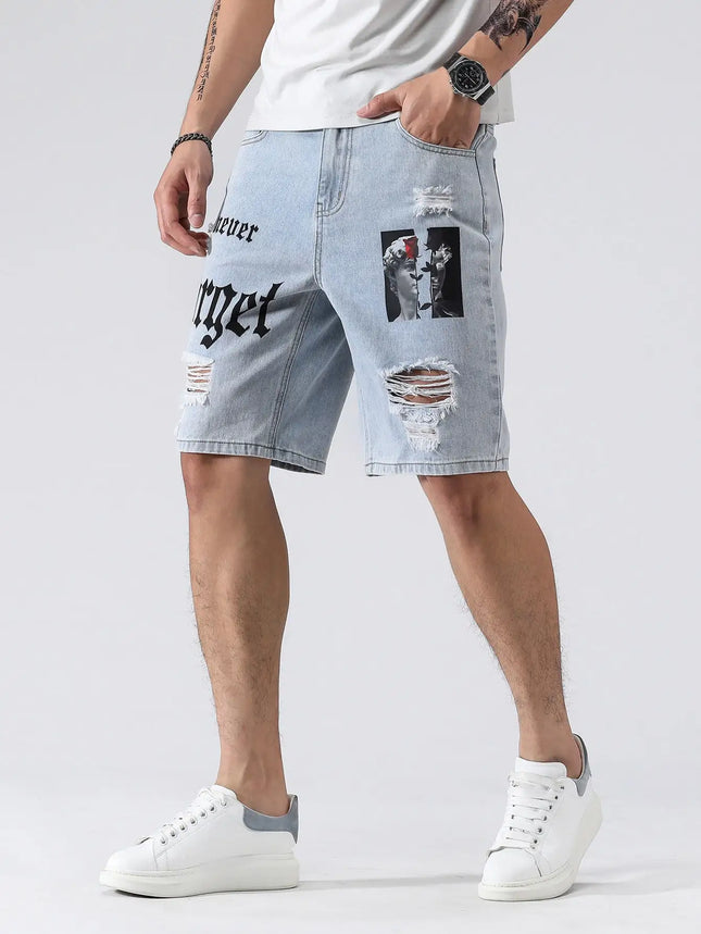 LVCCCI SCN Men Stretch Denim Shorts Baggy Cargo Ripped Knee by zapcart
