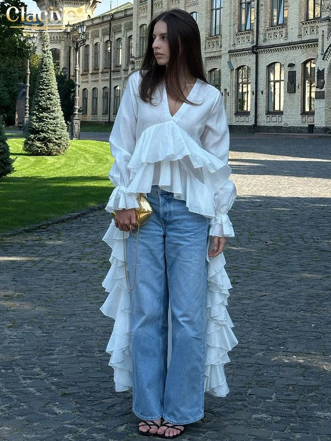 Clacive White Women's V-Neck Shirt Loose Fit Long-Sleeve by zapcart