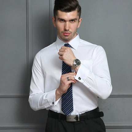 Men's French Cuff Dress Shirt White Long Sleeve CN Zhejiang by zapcart