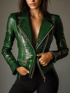 Women PU Leather Jacket Alligator Pattern Zipper Slim Fit by zapcart
