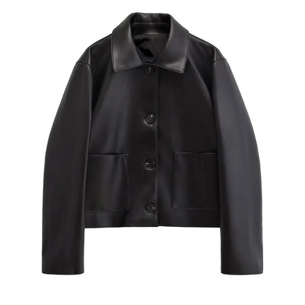 Trafshe Womens PU Leather Jacket Loose Fit Autumn Moto Style by zapcart