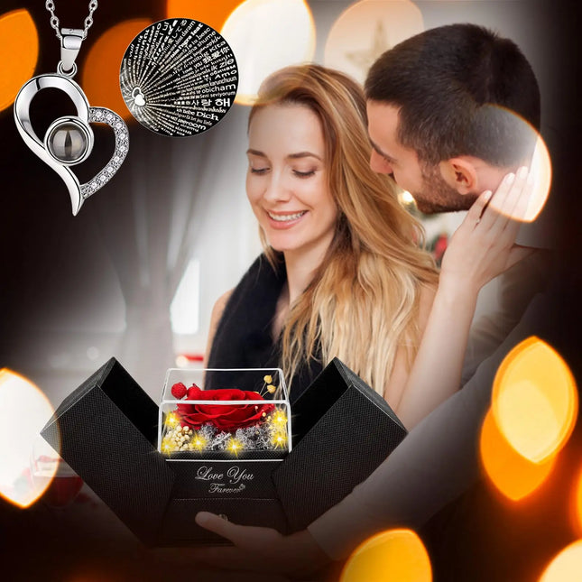 Preserved Real Rose with I love you Necklace 100 Languages Eternal Flowers Rose Gifts for Her Wife Christmas Valentine's Day by zapcart