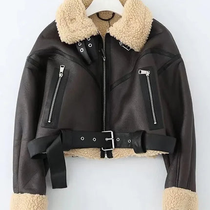 Ailegogo Women Faux Lamb Leather Fur Moto Jacket Belted by zapcart