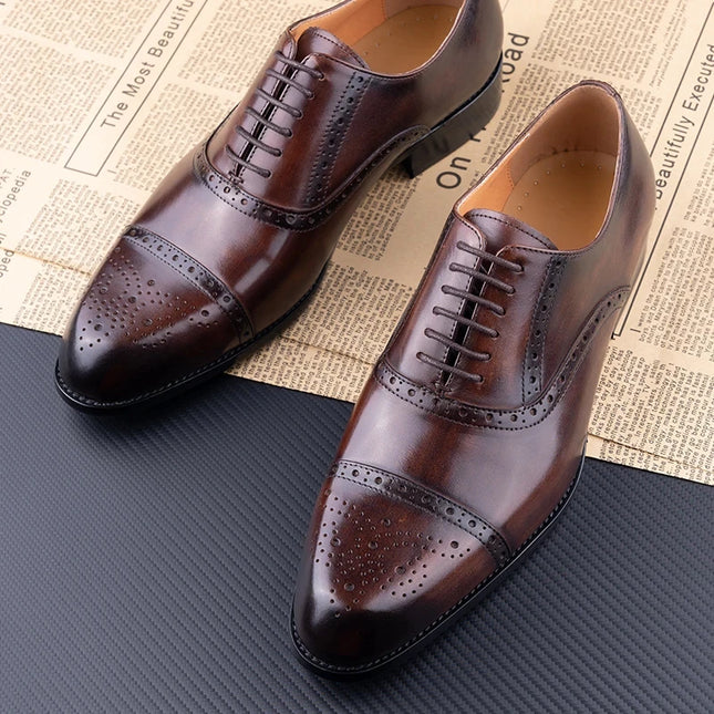 YAOLIDA Classic Brogue Shoes For Men Handmade Cowhide by zapcart