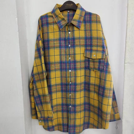 Women Plaid Shirt Oversized Pocket Turndown Collar Blouse by zapcart