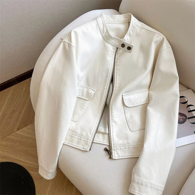 OKXGNZ Casual PU Short Leather Jacket Women Flexible Spring by zapcart