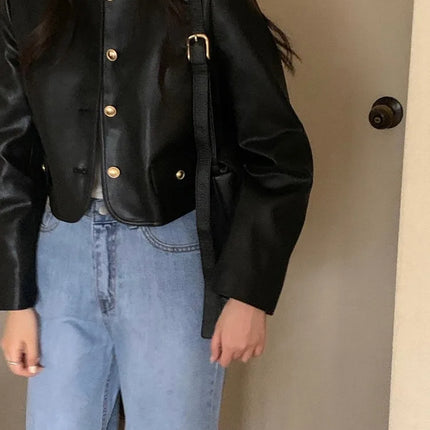 Korean Style Black Leather Jacket Women Vintage O Neck by zapcart