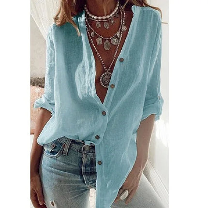 Women Cotton Foldable Sleeves Long Sleeve Top V Neck Button by zapcart