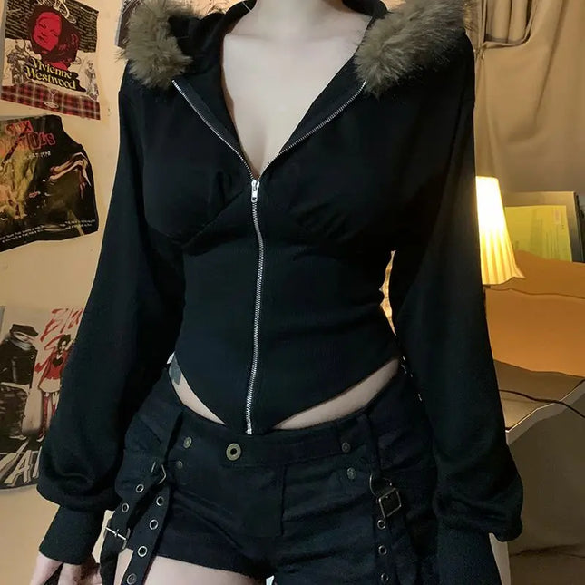 Vintage Punk Hoodies Y2k Crop Top Sexy Streetwear Gothic Grunge Women's Zipper Hooded Winter Slim Coat Hot Girl Aesthetic Hoody by zapcart