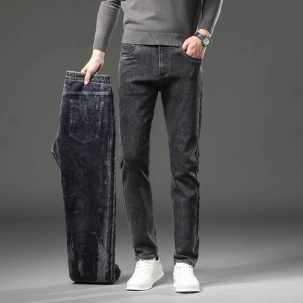 NeverfunctionCN Warm Winter Jeans Men Slim Straight Denim by zapcart