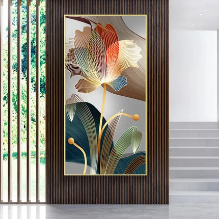 Abstract Flower Canvas Painting Golden Lines Living Room by zapcart