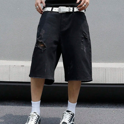 LVCCCI Denim Shorts For Men Baggy Stretch Ripped Knee by zapcart