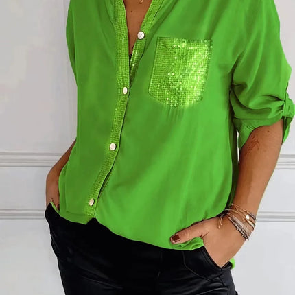 Women V-Neck Sequin Blouse Long Sleeve Chic Office Casual by zapcart