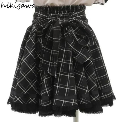 Hikigawa Japanese Women Skirt Patchwork Lace Bow A Line by zapcart