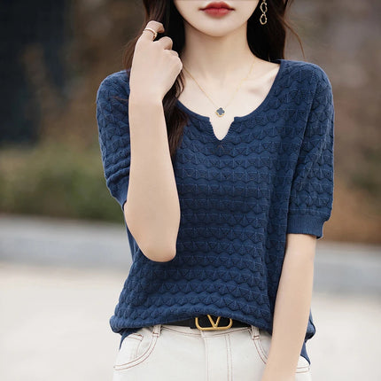Women Pure Cotton Tee Summer Breathable V Neck Loose Fit by zapcart