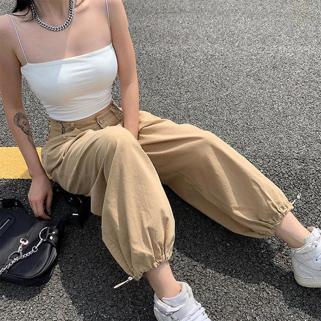 Women Cargo Pants Drawstring Pockets Loose Streetwear by zapcart