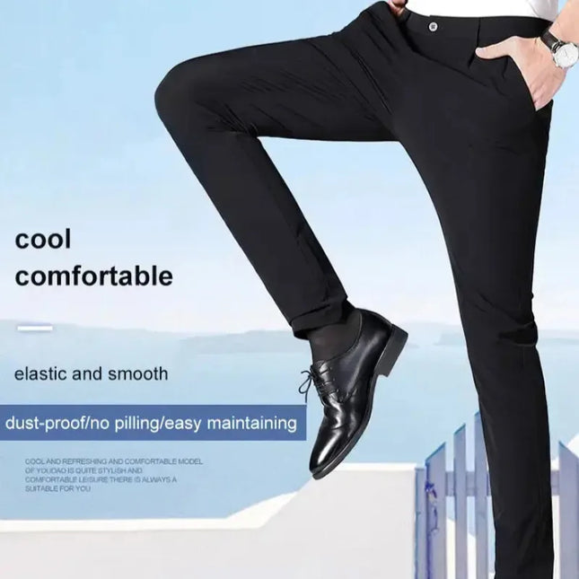 CN Men Ice Silk Suit Pants Elastic Mid Waist Baggy Trousers by zapcart