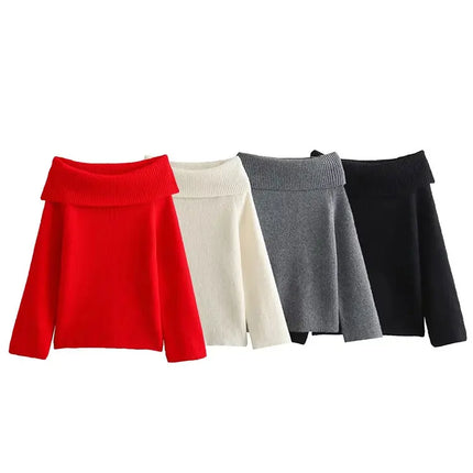 TRAFZA Women Off Shoulder Knit Sweater Long Sleeve Chic Top by zapcart