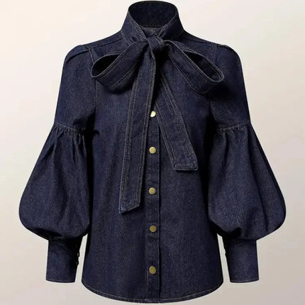 Gymystars Denim Blouse For Women Bow Embellished High Neck by zapcart