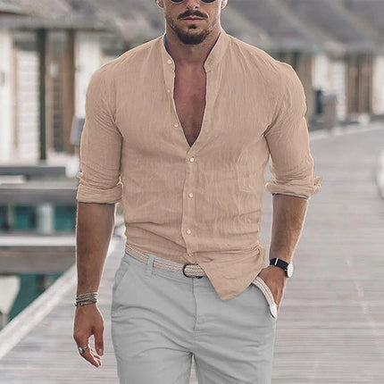 King Billion Men Cotton Linen Mandarin Collar Shirt Loose by zapcart