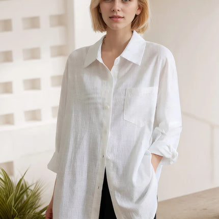 Blue Oversize Cotton Linen Shirt For Women Breathable by zapcart