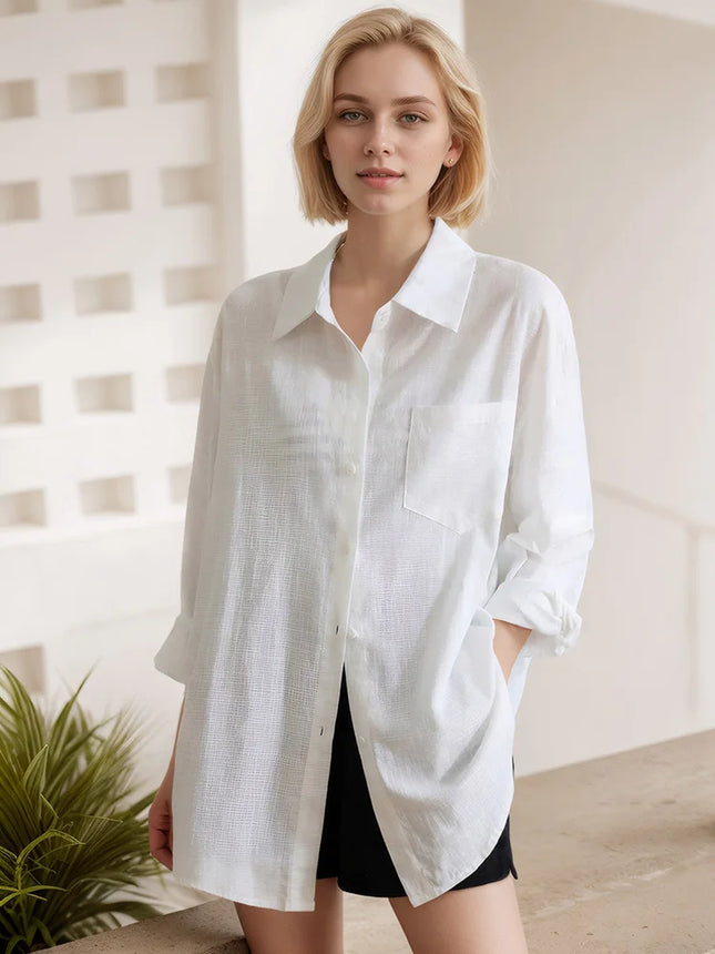 Blue Oversize Cotton Linen Shirt For Women Breathable by zapcart
