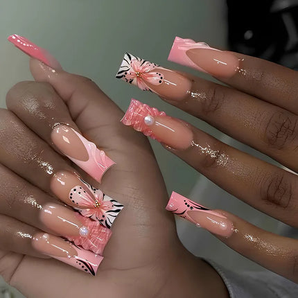 Press On Nails White Butterfly Pearls For Trendsetters 24pcs by zapcart