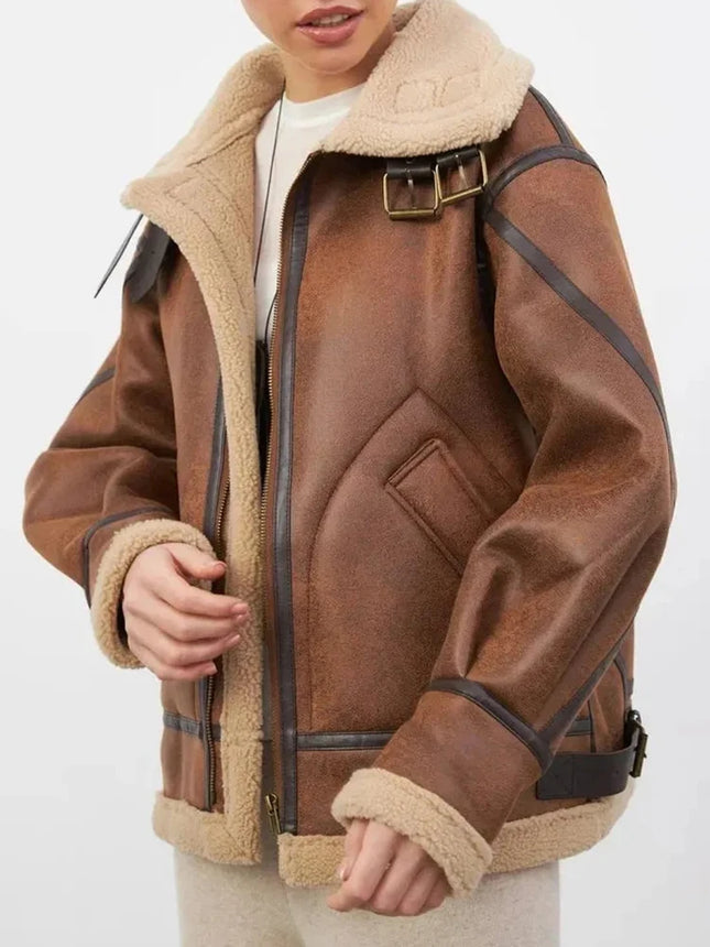 Ailegogo Women Faux Lamb Fur Coat Warm Vintage Zipper by zapcart