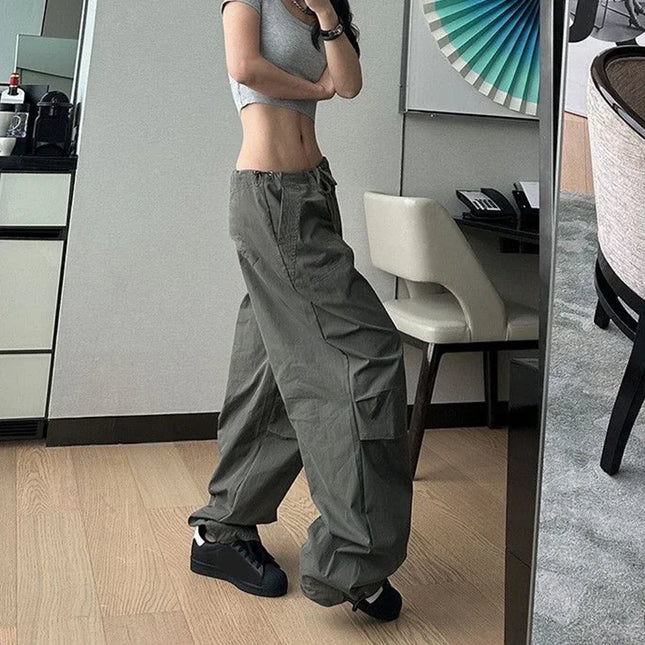 Rimocy Lace Up Y2K Parachute Pants Women Oversized Cargo by zapcart