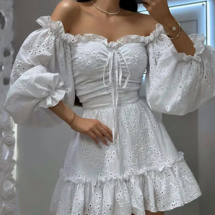 Women Embroidery Hollow Out Dress With Puff Sleeves Lace Up by zapcart