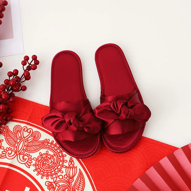 Wedding Slippers For Couples Satin Bow Flat Shoes Gift by zapcart