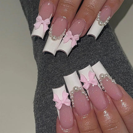 Extra Long Press On Nails Glue Included Bear Bow For Women by zapcart