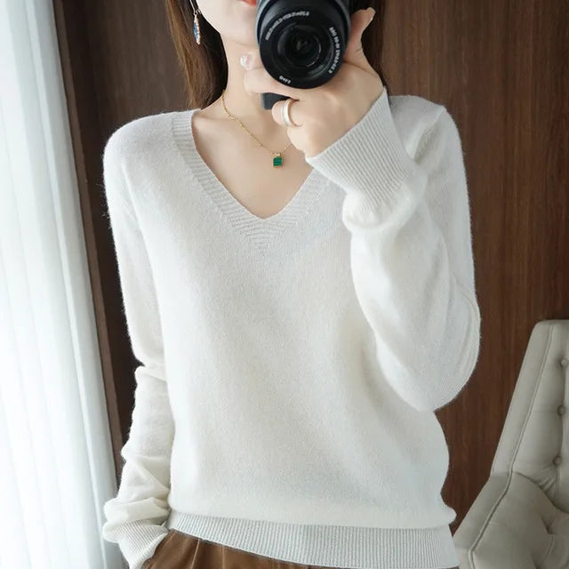 Women V Neck Knit Sweater Slim Fit Soft Knitwear Winter by zapcart